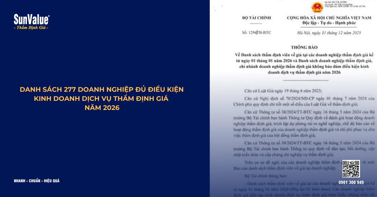 CẬP NHẬT DANH SÁCH 277 CÔNG TY THẨM ĐỊNH GIÁ ĐỦ ĐIỀU KIỆN KINH DOANH DỊCH VỤ THẨM ĐỊNH GIÁ NĂM 2026